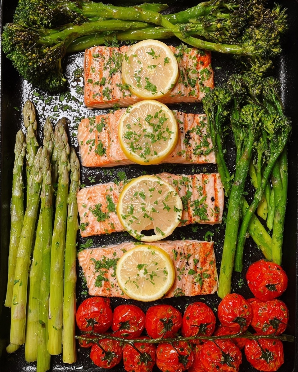 The image shows a black pan filled with four grilled salmon fillets placed side by side in the center. Each fillet is light pink with grill marks and lightly sprinkled with green herbs. Between the fillets are thin lemon slices adding a splash of yellow. On the left of the salmon lies a row of green asparagus stalks, straight and fresh-looking. On the right and above the salmon are pieces of broccolini with a slightly charred texture and deep green color. At the bottom and right bottom corners, bright red cherry tomato clusters still on the vine add a vibrant contrast. The whole dish looks fresh and colorful on a black pan with some herbs sprinkled throughout. photo taken with an iphone --ar 4:5 --v 7