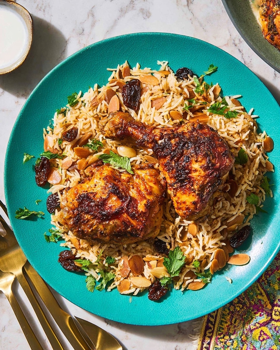 A turquoise plate holds two cooked chicken pieces, one thigh and one drumstick, positioned on top of a bed of cooked rice mixed with golden sliced almonds, dark raisins, and green herb leaves. The chicken has a crispy, browned skin with a rich, reddish-brown color from seasoning. The rice beneath is light brown and fluffy, spread evenly across the plate with scattered parsley leaves that add fresh green color. Around the plate are a gold fork and knife on a white marbled surface, with a small white dish of white sauce at the upper left corner. photo taken with an iphone --ar 4:5 --v 7