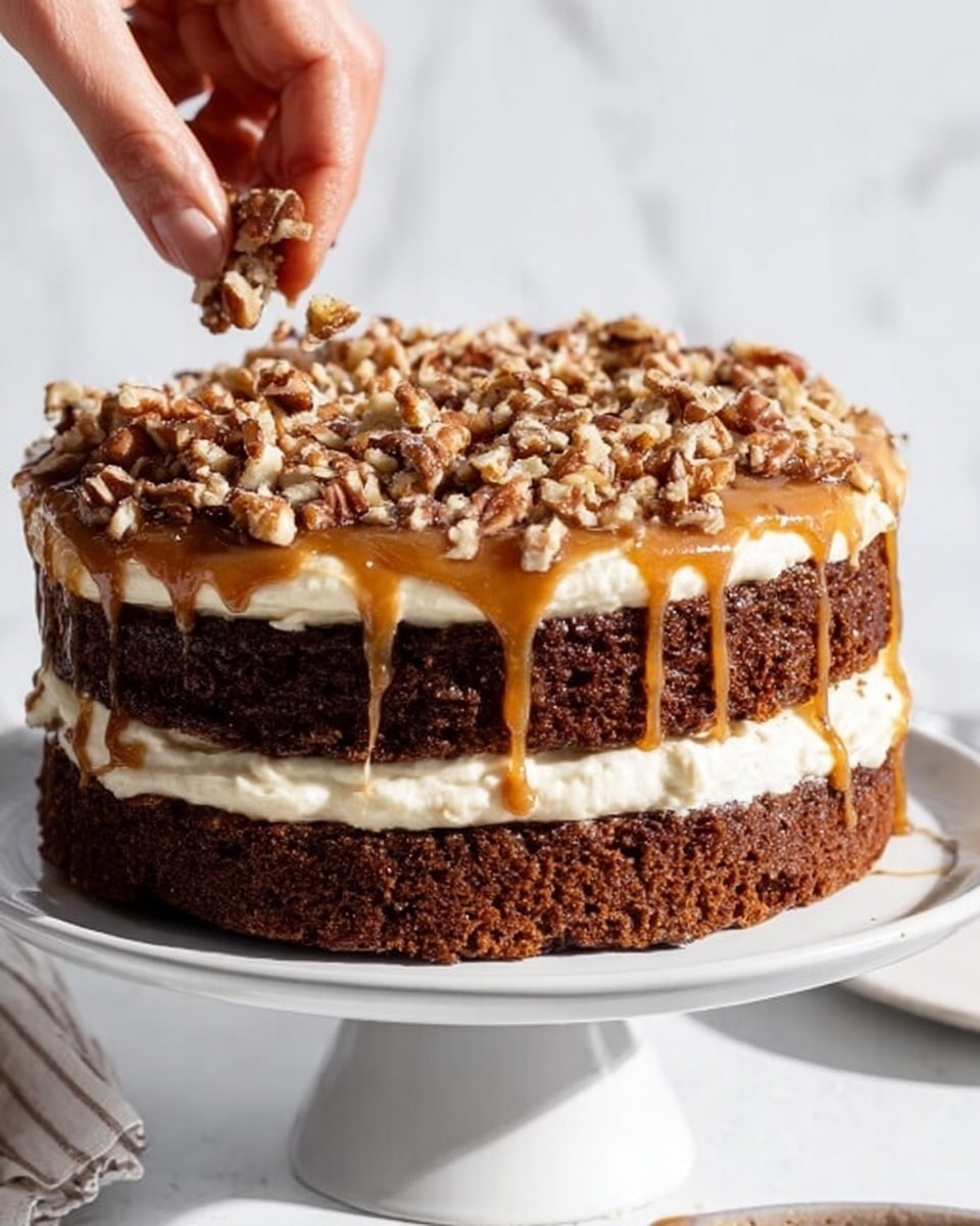 The image shows a two-layer chocolate cake on a white plate. Each layer is dark brown and looks moist with a rough texture. Between the cake layers is a thick, creamy white frosting that spreads evenly, and on top of the frosting is a generous drizzle of light caramel sauce running slightly down the sides. The top of the cake is covered with chopped nuts that add texture and an earthy brown color. A woman's hand is seen placing more nuts on the cake. The background and surface are white with a marbled pattern. photo taken with an iphone --ar 4:5 --v 7