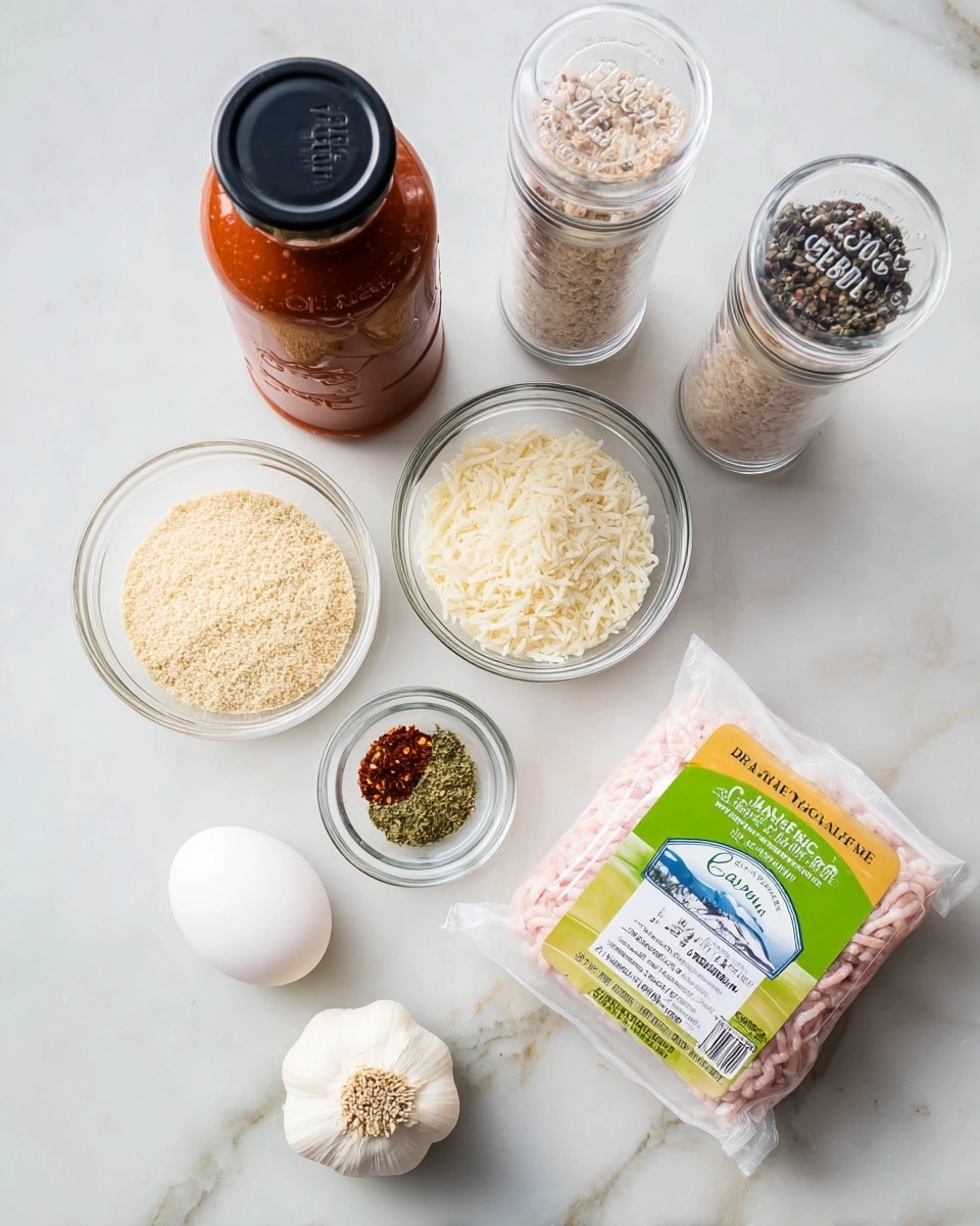 A collection of cooking ingredients is arranged on a white marbled surface: a white plastic package of ground chicken with a green and yellow label sits in the bottom right corner; next to it are a whole garlic bulb and a white egg spaced evenly apart toward the center. Above them are two small clear glass bowls, one filled with light beige breadcrumbs, the other with white grated cheese. A smaller clear bowl contains red pepper flakes and dried green herbs. Behind these, there is a tall glass jar of red tomato basil sauce with a black lid on the left, and two clear plastic grinders filled with black pepper and pink salt on the right. photo taken with an iphone --ar 4:5 --v 7