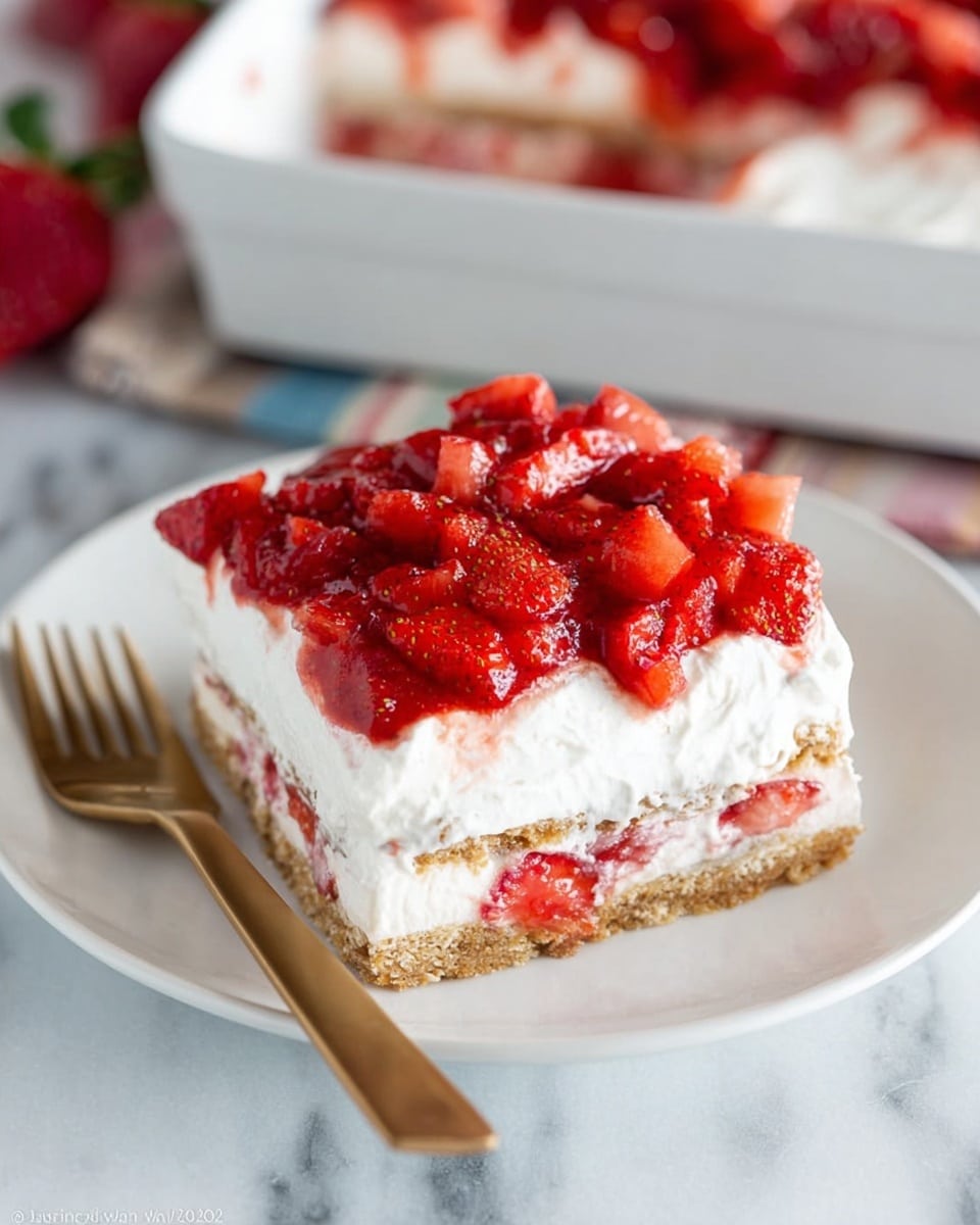 The image shows a square slice of strawberry dessert on a white plate with a gold rim, placed on a white marbled surface. The dessert has three clear layers: a light brown crumbly base at the bottom, a thick white creamy middle layer, and a thin red strawberry jam layer above the cream. The top layer is a thicker white creamy layer with some light brown crumbs sprinkled on it, and a fresh whole red strawberry with a green top is placed on the very top. In the background, a large white bowl filled with the same dessert is visible with red strawberry pieces on top. Photo taken with an iphone --ar 4:5 --v 7