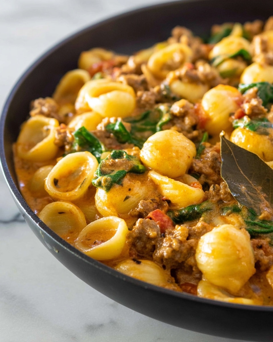 This dish shows a close-up of a black pan filled with about three layers of food. The top layer has small round pasta pieces that are light yellow and look soft and smooth. Scattered among the pasta are small green spinach leaves adding a fresh touch. The middle layer contains browned ground meat chunks mixed with the pasta, giving a crumbly texture. The bottom layer is a thick, creamy sauce with a light brownish-orange color that coats everything evenly. Some small bits of red tomato pieces are mixed into the sauce, and there is a dark bay leaf visible on the right side of the pan. The background has a white marbled surface. photo taken with an iphone --ar 4:5 --v 7