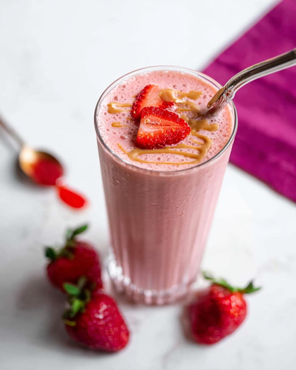 A clear glass cup filled with a light pink foamy smoothie, topped with two thin red strawberry slices on the left side and small dollops of light brown peanut butter placed irregularly in the center, a metal spoon sticking out from the right side of the glass. Around the glass on a white marbled surface, there are four whole strawberries with green leaves, slightly blurred in the background, and a bright magenta cloth partially visible at the top right corner. Photo taken with an iphone --ar 4:5 --v 7