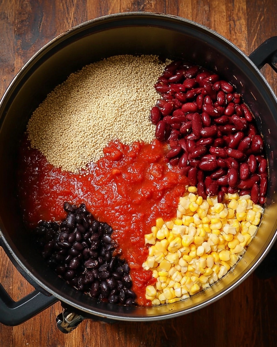 Inside a black pot, there are five distinct layers of food ingredients arranged without mixing. Starting from the top left, there is a light beige layer of small round grains, next to it on the top right are dark red kidney beans. Below the kidney beans, a thick, bright red tomato sauce fills the lower right side of the pot. On the bottom left are small yellow corn kernels, and above them to the left are shiny black beans. The pot sits on a wooden surface that is partially visible. Photo taken with an iphone --ar 4:5 --v 7