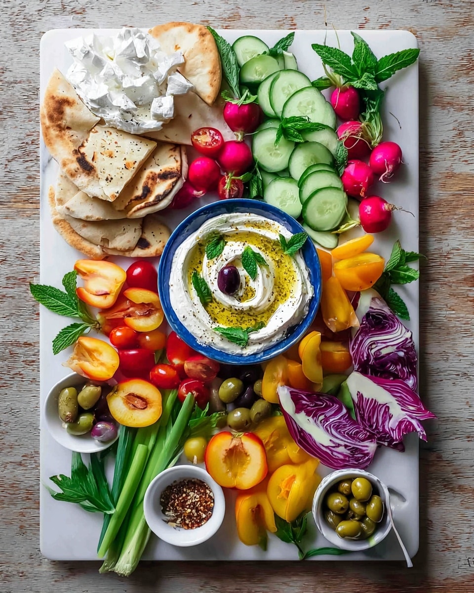 A white square board is filled with colorful fresh food arranged in layers. At the center bottom, there is a blue bowl with swirled creamy white dip topped with olive oil, green mint leaves, dark olives, and small fig pieces. Surrounding the bowl, slices of green cucumber and radish, deep purple and white radicchio leaves, red and yellow mini bell peppers, and bright red tomatoes fill the space. On the left, there is a white mound of cheese next to pita bread pieces stacked on top of each other. Scattered around are peach slices, fresh green spring onions, and whole radishes with leaves. Small white bowls hold green and dark olives, and ground spices. The board rests on a white marbled surface. Photo taken with an iphone --ar 4:5 --v 7