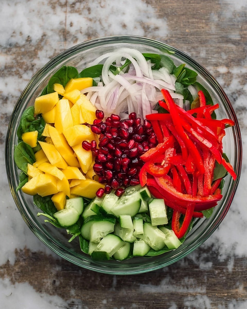 A clear glass bowl holds a fresh salad arranged in six sections on a white marbled surface. The bottom layer is dark green spinach leaves spread evenly. On top of this are five main layers: bright yellow mango slices on the left, small deep red pomegranate seeds at the top, thin white onion rings in the center, long thin red bell pepper strips on the right, and light green cucumber slices with skin at the bottom. Each section is thick and distinct, creating a colorful and fresh look. Photo taken with an iphone --ar 4:5 --v 7