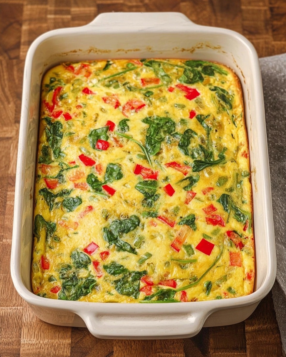 A rectangular white ceramic baking dish holds a baked egg casserole with a golden-yellow top layer dotted with bright green spinach leaves and vibrant red bell pepper pieces. The casserole has a smooth, slightly browned edge and appears fluffy in texture. The surface shows a mix of cooked vegetables spread evenly throughout the egg base, giving it a colorful and fresh look. The dish is placed on a wooden surface, with the whole scene giving a warm and homey feeling. photo taken with an iphone --ar 4:5 --v 7