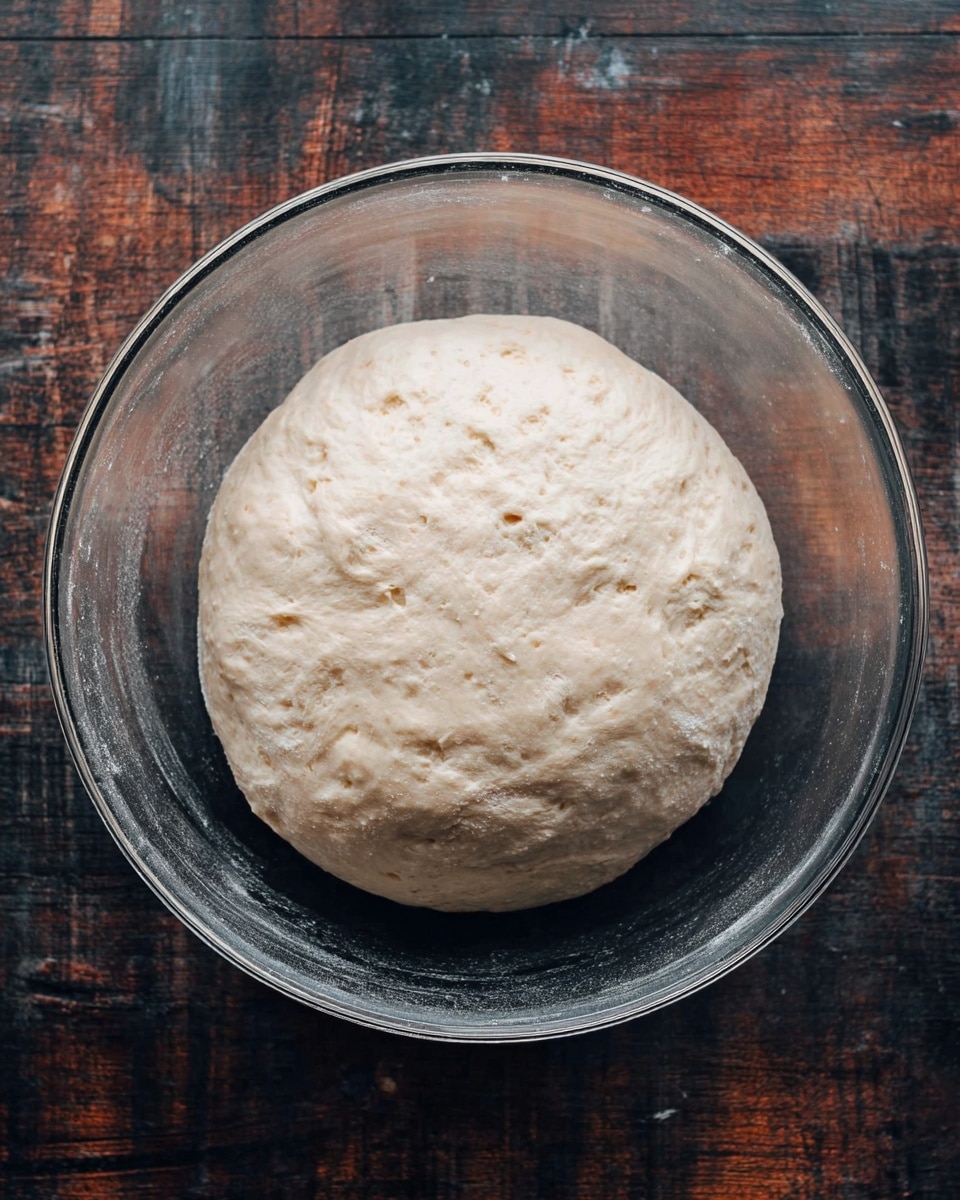 A clear glass bowl holds one large, round ball of dough that is pale beige in color with a slightly bumpy and airy surface. The dough looks soft and risen, filling most of the bowl's base. The bowl sits on a dark wooden surface with signs of wear and texture. photo taken with an iphone --ar 4:5 --v 7