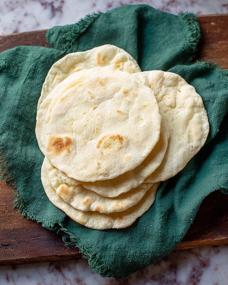Five round, soft flatbreads with a pale golden color and slightly puffed texture are stacked neatly on top of a green cloth. The cloth has a rough, woven texture and is loosely spread out on a dark wooden cutting board, which adds a rustic feel. The flatbreads show small bubbles and slight browning on their surfaces, giving them a fresh, homemade look. The image is set on a white marbled surface. photo taken with an iphone --ar 4:5 --v 7