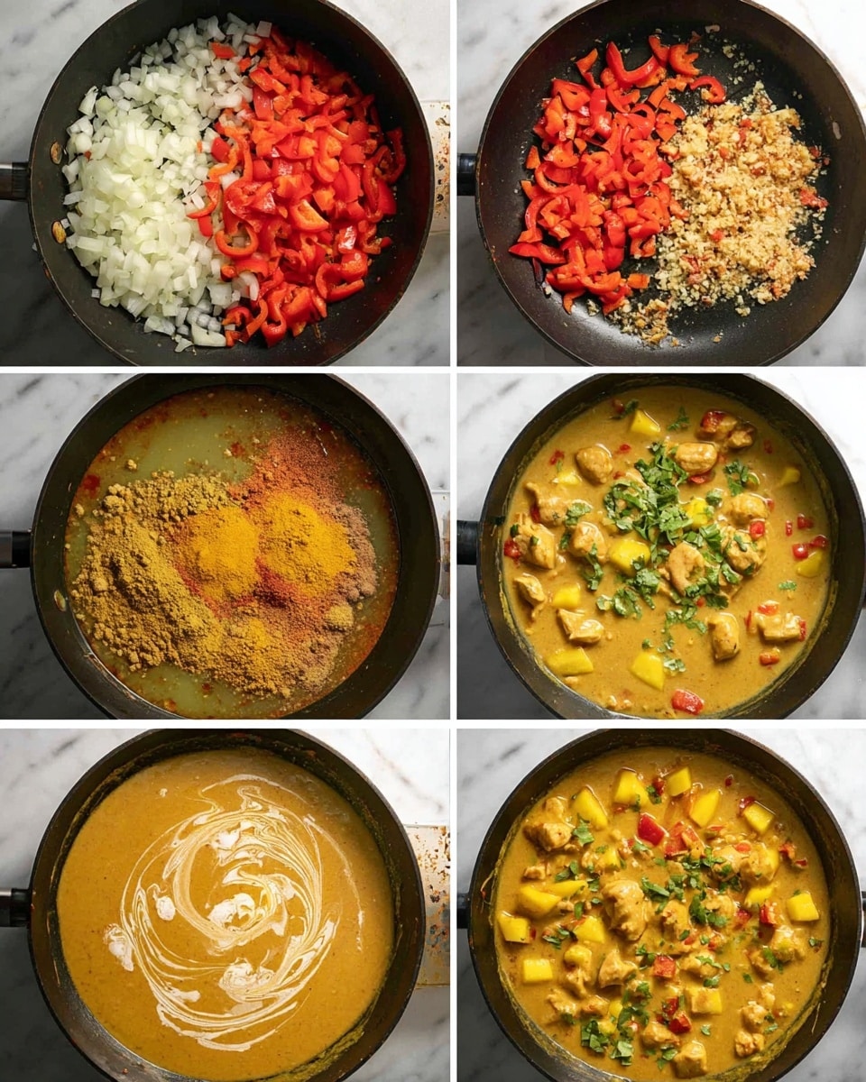 The series of six images shows the step-by-step cooking of a curry dish in a black pan on a white marbled surface. The first image shows a layer of finely chopped white onion on the left and sliced red bell pepper on the right, both raw. In the second image, the red bell pepper and onion are cooked and slightly soft, and finely chopped garlic and grated ginger are added in the center. The third image shows the mixture lightly browned and mixed with a heap of yellow curry powder in the middle. The fourth image shows a thick yellow-brown sauce with red bell pepper pieces and a swirl of white coconut milk, along with a green chili visible in the sauce. The fifth image has a smooth yellow curry base with diced mango on the left and chunks of cooked chicken pieces on the right. The final image shows the fully combined curry with visible red bell pepper, chicken, and mango pieces, all garnished with fresh chopped green cilantro leaves scattered on top. Photo taken with an iphone --ar 4:5 --v 7