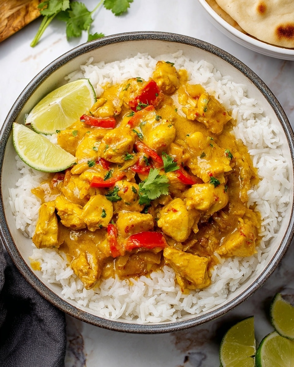 The dish shows a single large white bowl filled with a base layer of fluffy white rice, topped with a thick curry mix. The curry has chunks of yellow chicken and pieces of red bell pepper, coated in a shiny golden sauce that looks creamy and rich. On the left side near the edge of the bowl, there are two lime wedges and a small sprig of fresh green cilantro sitting on the rice. The bowl is placed on a white marbled surface with some lime wedges scattered nearby, and there is a hint of flatbread in a white bowl at the top right corner. Photo taken with an iphone --ar 4:5 --v 7