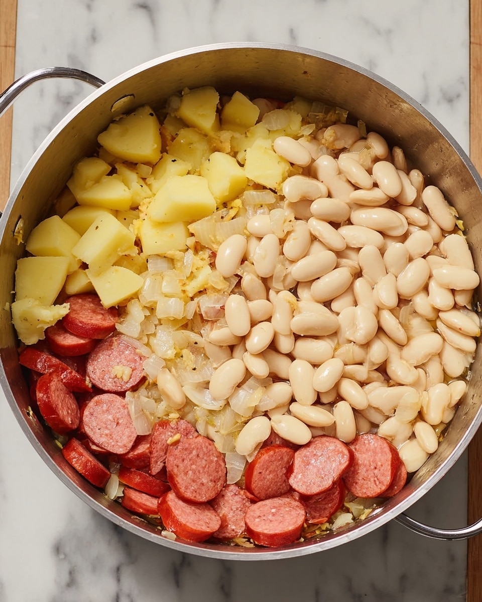 A round cooking pot is shown from above, filled with three layers of ingredients. The bottom layer is slices of reddish sausage scattered across the pot base. The middle layer is chopped onions, lightly browned, visible around the edges. The top two layers are pale yellow chopped potatoes on the left side and a heap of light creamy white beans on the right side. The pot sits on a wooden counter, but the background is changed to a white marbled texture. Photo taken with an iphone --ar 4:5 --v 7