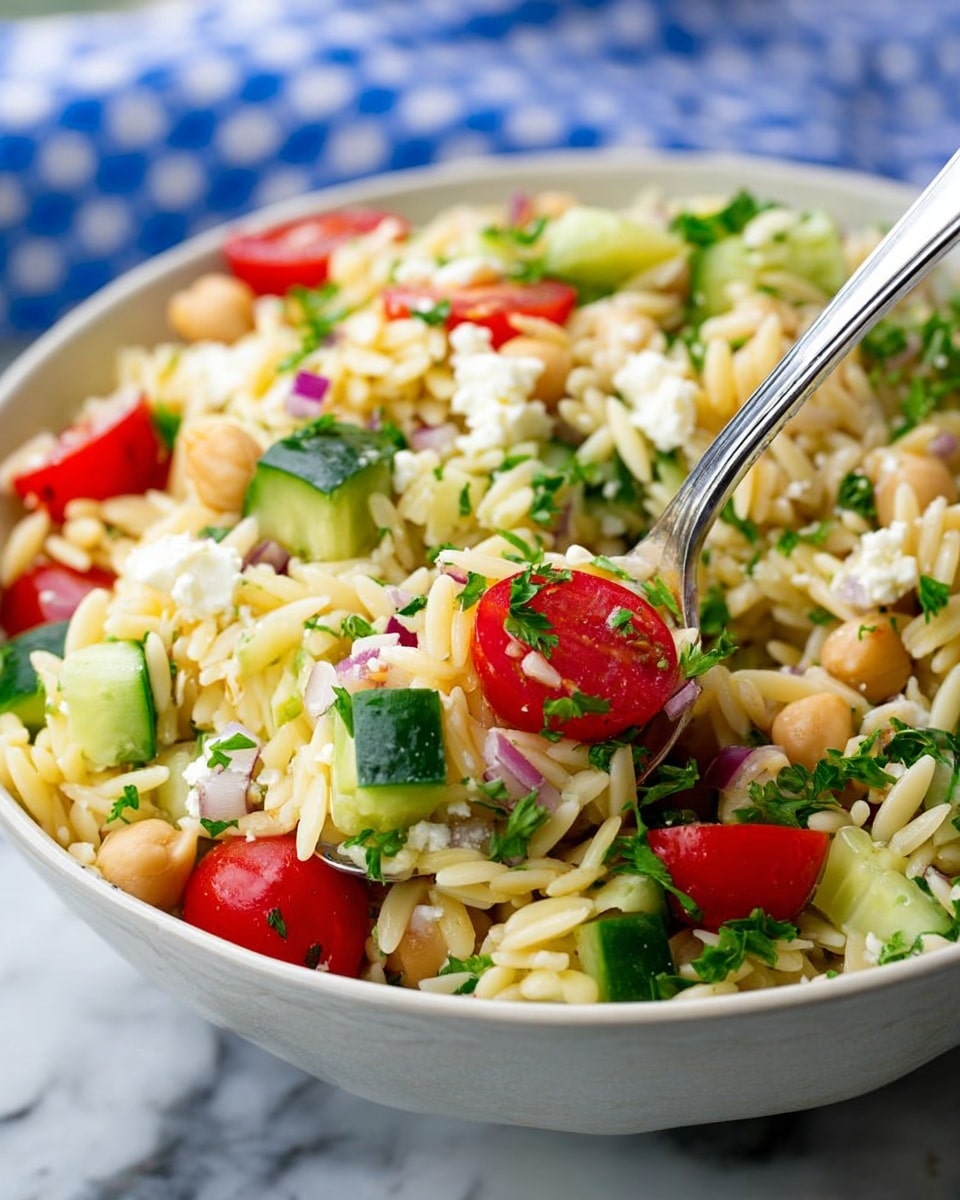 A close-up view of a white bowl filled with a fresh orzo salad showing three main layers: the bottom layer is cooked orzo pasta in small, short rice shapes, pale yellow in color and soft texture; the middle layer has chopped bright green cucumber pieces with a crisp texture, and halved red cherry tomatoes adding vibrant color; the top layer includes small white chunks of cheese, beige chickpeas, and bits of finely chopped red onion and green parsley sprinkled on top for a fresh, colorful look. A silver spoon is scooping some salad from the middle, with a blurred white marbled surface and a blue and white checkered cloth in the background. Photo taken with an iphone --ar 4:5 --v 7