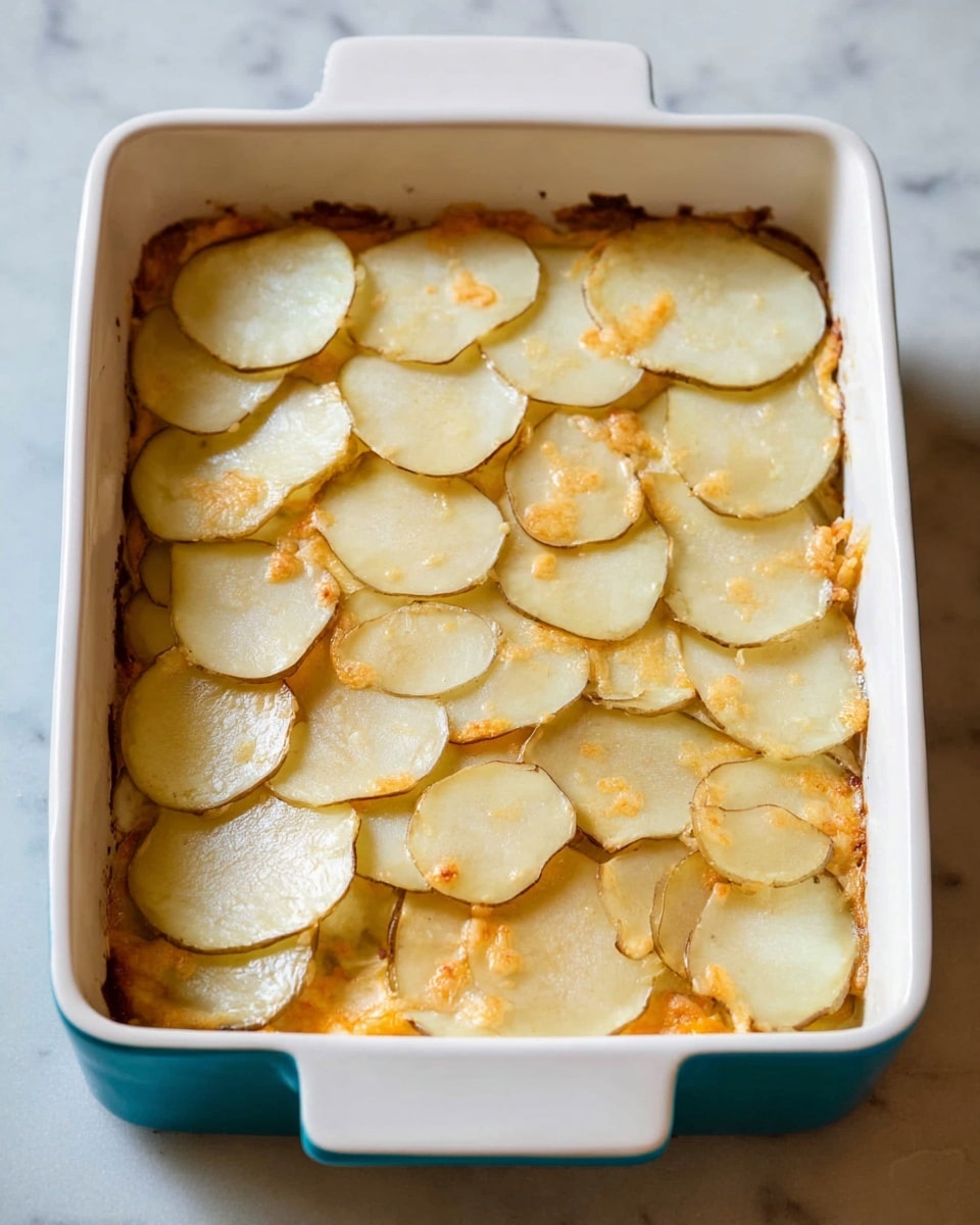A white rectangular baking dish holds a layered dish topped with a single layer of thin, round potato slices with light brown edges and pale centers, covering the entire surface. Beneath the potato layer, small pieces of shredded orange cheese are slightly visible, creating a rough texture underneath the smooth potato slices. The dish is set on a white marbled surface, showing a slight turquoise-blue edge of the baking dish. The overall look is clean and simple, highlighting the thin potato layer on top of the shredded cheese below. photo taken with an iphone --ar 4:5 --v 7