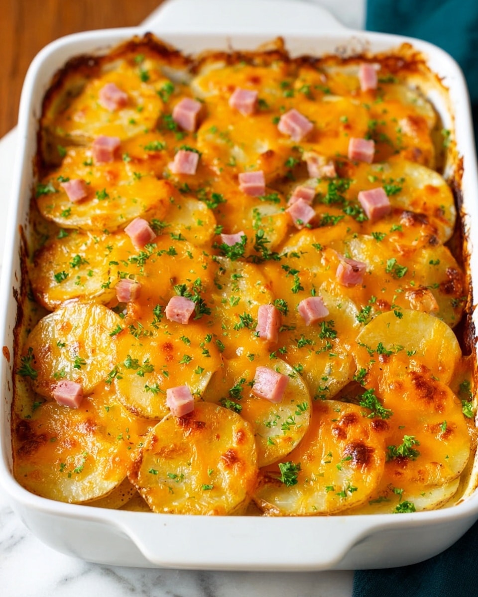 A white rectangular baking dish filled with layered slices of golden-brown potatoes, each slice topped with melted bright orange cheese. Small cubes of pink ham are scattered evenly over the top layer of potatoes and cheese, with tiny green parsley bits sprinkled across the dish for color. The potato slices slightly overlap, creating a textured and inviting top. The edges show a light browning from baking. The dish sits on a white marbled surface. Photo taken with an iphone --ar 4:5 --v 7