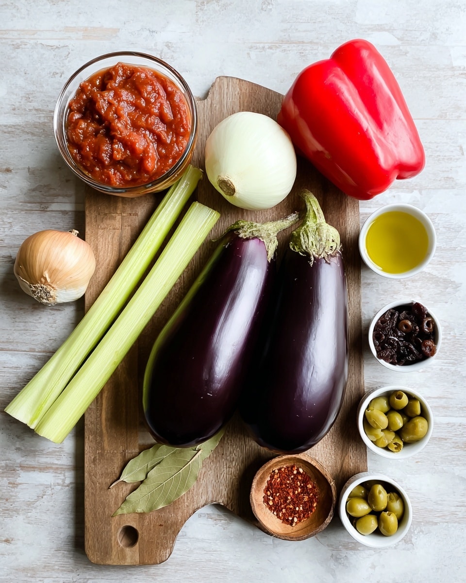 A wooden board with two large, shiny, dark purple eggplants placed side by side in the center. To the left of the eggplants are two long pale green celery stalks, a whole white onion, a whole garlic bulb, and a glass bowl filled with chunky red tomato sauce. Above the eggplants, on the wooden board, sits a large red bell pepper. To the right side of the board, there are four small white cups arranged in a row, containing green olives, golden liquid, dark raisins, and green peppercorns. A small wooden bowl holding red pepper flakes and a single bay leaf rest on the board handle. The entire scene is set on a white marbled surface. Photo taken with an iphone --ar 4:5 --v 7
