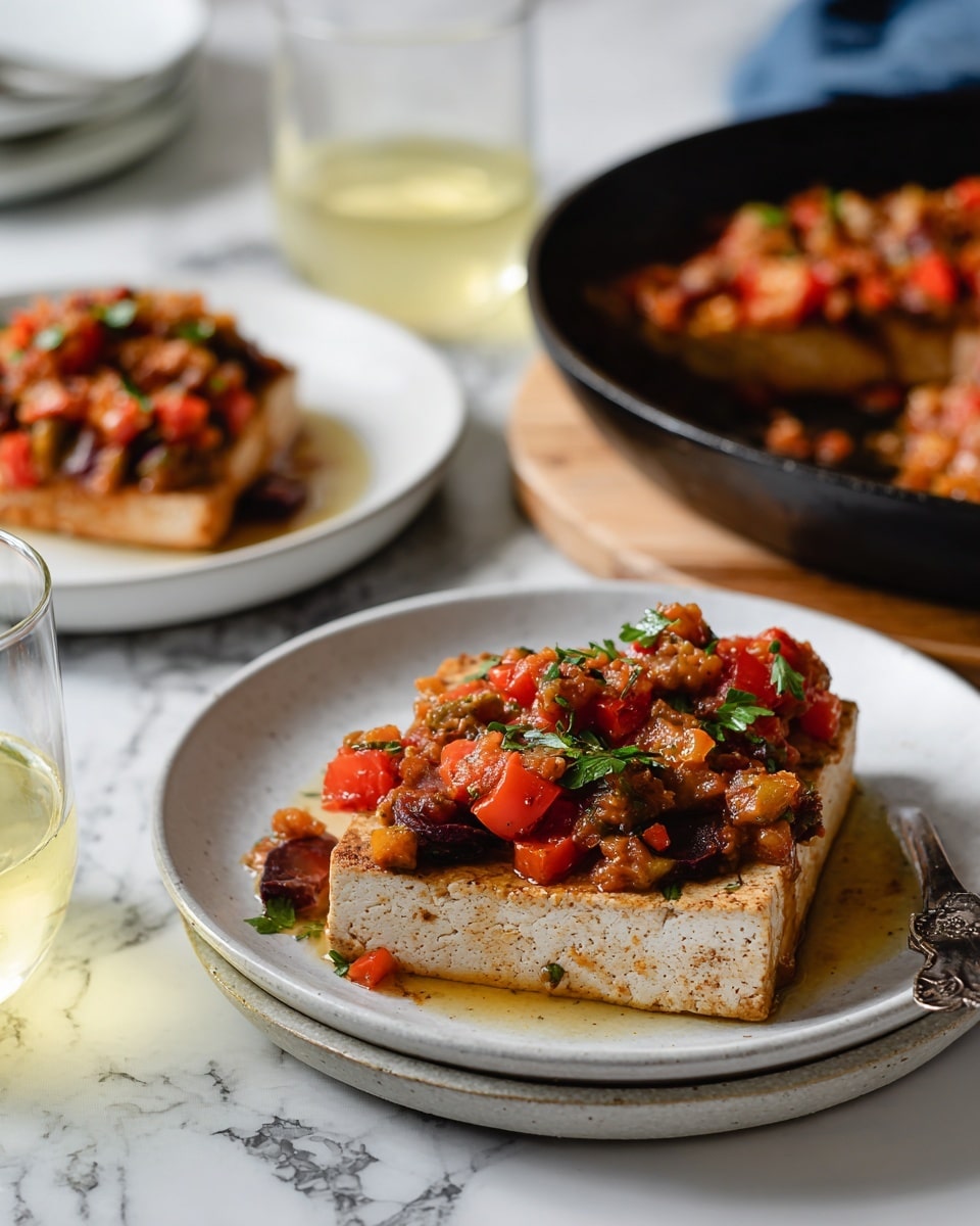 The image shows two white plates each with one thick, light tan piece of cooked fish topped with a chunky, colorful vegetable salsa made of red, green, and dark purple pieces, creating a mixed texture on top. One plate is in the foreground and the other in the background, both on a white marbled surface. Near the front plate, a clear glass filled with a light golden drink rests to the left, and a striped cloth with two forks is placed to the right. Behind the back plate, there is a black skillet filled with more of the same chunky vegetable salsa visible, partially covered with a blue cloth. Photo taken with an iphone --ar 4:5 --v 7