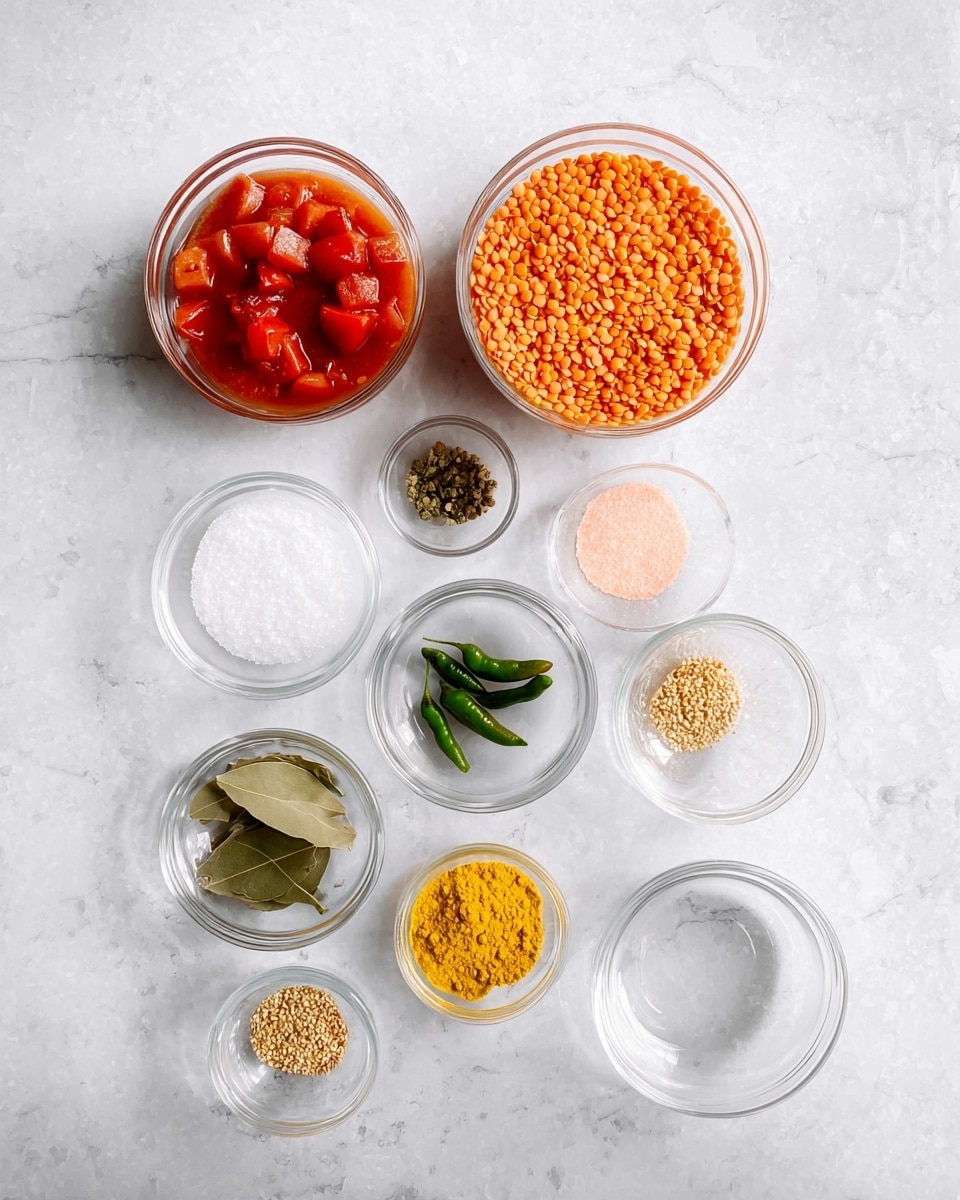The image shows nine small clear glass bowls arranged neatly on a white marbled surface. Starting from the top left, the first bowl holds chunks of red tomatoes in sauce, and right next to it on the right is a bowl full of small orange lentils. Below them, there are smaller bowls scattered in a loose circle: a bowl of white salt, a bowl with light pink salt, a bowl with three green chili peppers, a bowl with dark green fresh bay leaves, a bowl with bright yellow turmeric powder, a bowl of pale yellow grated ginger, a bowl with small tan mustard seeds, and finally an empty glass bowl at the bottom. The shine on the glass catches the light softly. photo taken with an iphone --ar 4:5 --v 7