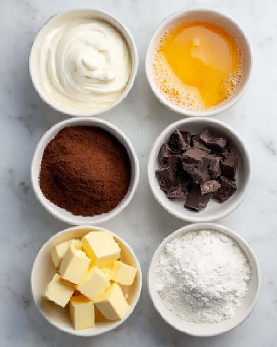 The image shows seven small white bowls arranged neatly on a white marbled surface. The top row has three bowls: the left one is filled with white cream, the middle one contains light orange beaten eggs with bubbles, and the right one has small chunks of dark chocolate. The bottom row has four bowls: the leftmost contains pale yellow butter cubes, the next bowl is filled with dark brown cocoa powder, the third bowl has white flour, and the rightmost bowl holds a small amount of golden liquid, likely vanilla extract. The bowls are all evenly spaced in two rows, creating a clean and organized look. Photo taken with an iphone --ar 4:5 --v 7