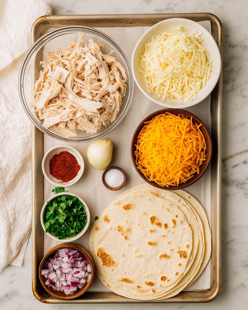 The image shows a baking tray holding all ingredients for making chicken tacos. On the top left, there is a clear glass bowl filled with shredded cooked chicken in light beige color. To the right, a white bowl holds a generous pile of shredded white cheese. Below it, a brown bowl contains shredded orange cheddar cheese. In the center, a small white dish shaped like an onion holds a pile of red chili powder and next to it, a small dark brown dish has white salt. At bottom left, a small white bowl contains chopped fresh green cilantro, and beside it, a small brown bowl filled with finely chopped red onions. At the bottom right, four stacked white tortillas with light brown spots are partially overlapping. The tray rests on a white marbled surface with a white cloth partially visible at the top left. Photo taken with an iphone --ar 4:5 --v 7