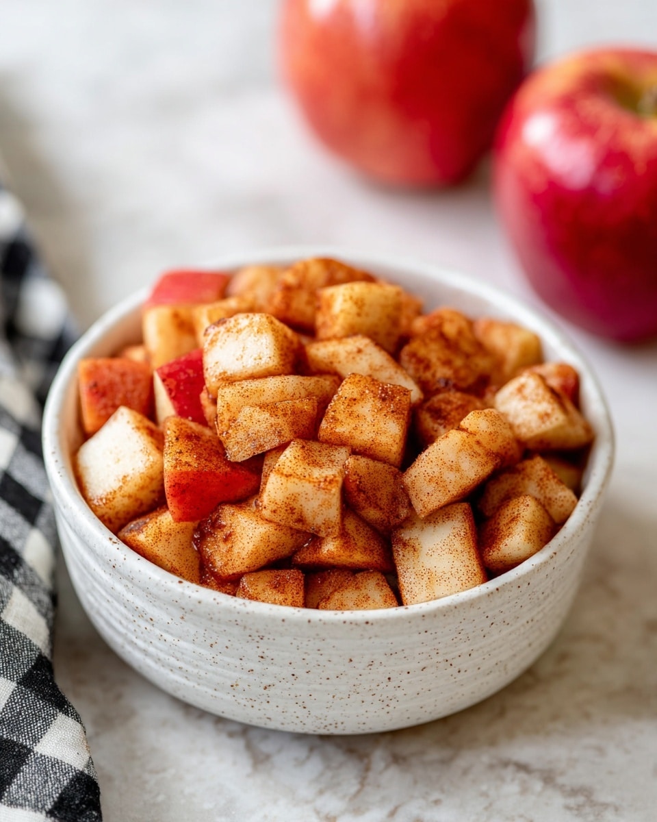 A small white speckled bowl is filled with two layers of diced apple pieces, each piece coated with a cinnamon spice powder giving them a warm brownish-red color. The apple pieces have a mix of pale cream inside flesh and bright red skin, cut into uneven small cubes. The bowl sits on a white marbled surface, with two whole red apples slightly blurred in the background. Parts of a black and white checkered fabric are visible at the bottom left corner. Photo taken with an iphone --ar 4:5 --v 7