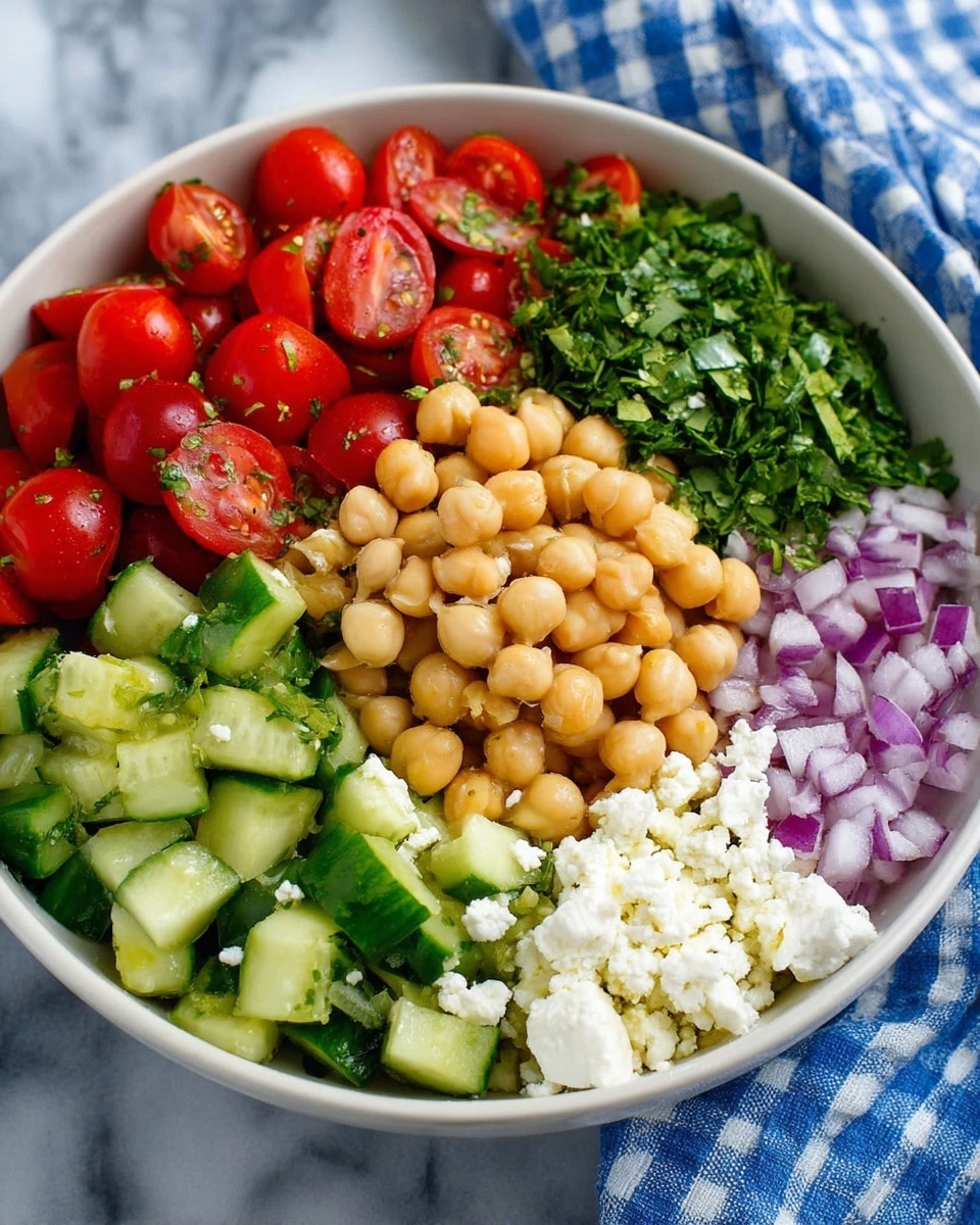 A white bowl filled with a colorful salad arranged in sections. One section has bright red cherry tomatoes sliced in half, next to a pile of finely chopped green herbs. Towards the center, there is a mound of light tan chickpeas. Beside the chickpeas, there is a portion of soft white crumbled cheese. The bottom part of the bowl shows green cucumber chunks with a shiny texture. Finally, small pieces of purple onion add contrast near the edge. The bowl is placed on a white marbled surface with a blue and white checkered cloth in the background. Photo taken with an iphone --ar 4:5 --v 7