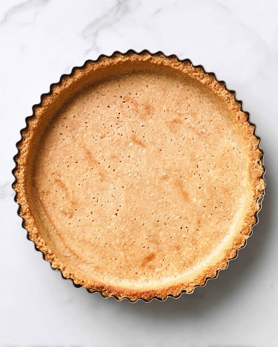 A round tart shell with a scalloped edge sits in a metal tart pan, showing a golden brown crust with a slightly crumbly texture. The crust is evenly pressed into the pan with tiny fork holes scattered across its flat bottom. The tart shell is on a white marbled surface. photo taken with an iphone --ar 4:5 --v 7