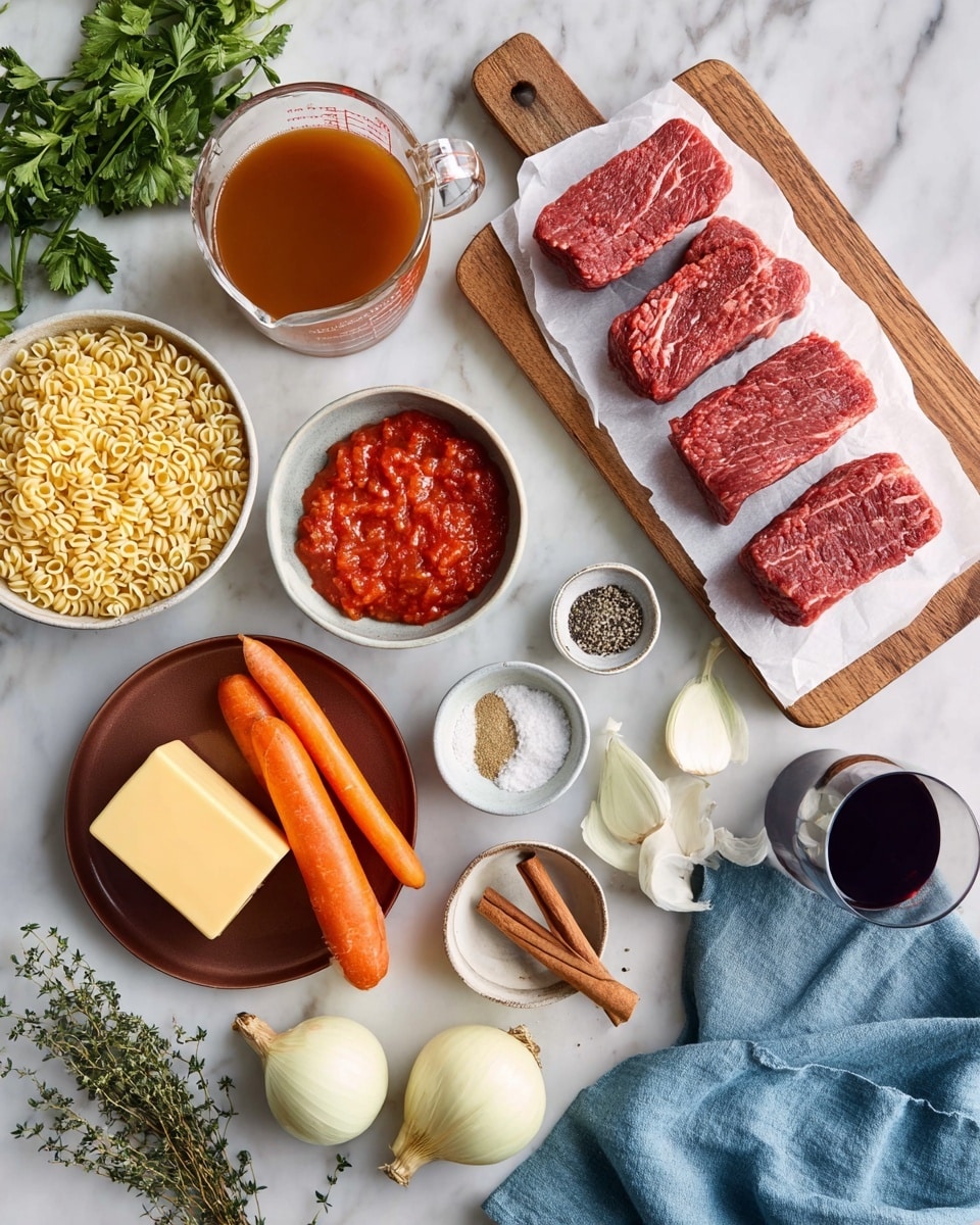 The image shows various raw cooking ingredients arranged neatly on a white marbled surface. At the center right, there is a wooden cutting board with a white paper on top holding five pieces of raw red meat with a marbled texture. Above this cutting board, a clear glass measuring jug filled with brown broth is placed. At the top right, a white bowl contains uncooked orzo pasta, beige in color. Below that, on the white marbled surface, there are two whole peeled white onions. Near the bottom left corner, a brown plate holds a block of yellow cheese. Next to it, two whole bright orange carrots lie side by side. Three small bowls are placed around the ingredients: one contains crushed black pepper and white salt, another has peeled garlic cloves, and the third contains a small amount of white salt. There is a small bowl with red tomato paste, and a larger white bowl filled with chunky red crushed tomatoes is at the upper left. There are fresh green herbs, possibly parsley, in the top left corner with some thyme sprigs placed diagonally near the center. A cinnamon stick rests on a blue cloth napkin on the lower right side. Near the bottom center, there is a glass filled with dark red liquid, perhaps wine. The whole setup feels clean and organized, with natural colors well highlighted against the white marbled surface. Photo taken with an iphone --ar 4:5 --v 7