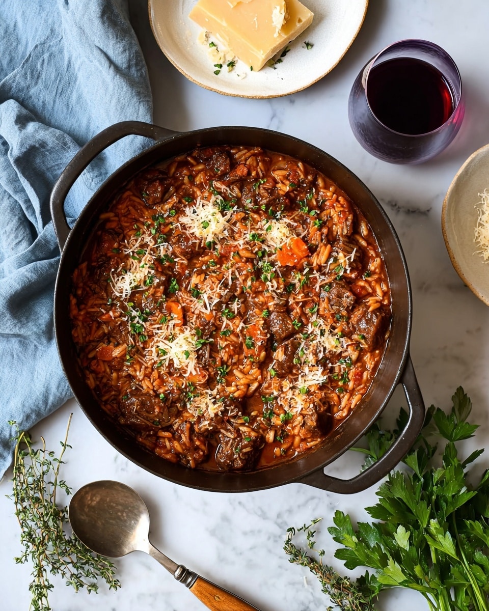 A black cast iron pot filled with a thick stew of reddish-brown sauce, containing small chunks of dark brown meat and orange bits of carrot mixed with short, rice-shaped pieces that are pale orange. The stew is sprinkled with small bits of grated white cheese and chopped green herbs on top. The pot sits on a white marbled surface with a small bunch of green parsley to the lower right, a silver spoon with a wooden handle to the lower left, and a small bunch of thyme branches nearby. A glass with dark red liquid and a white plate holding a chunk of yellow cheese and some grated cheese are in the background, with a light blue cloth draped off to the upper left. Photo taken with an iphone --ar 4:5 --v 7