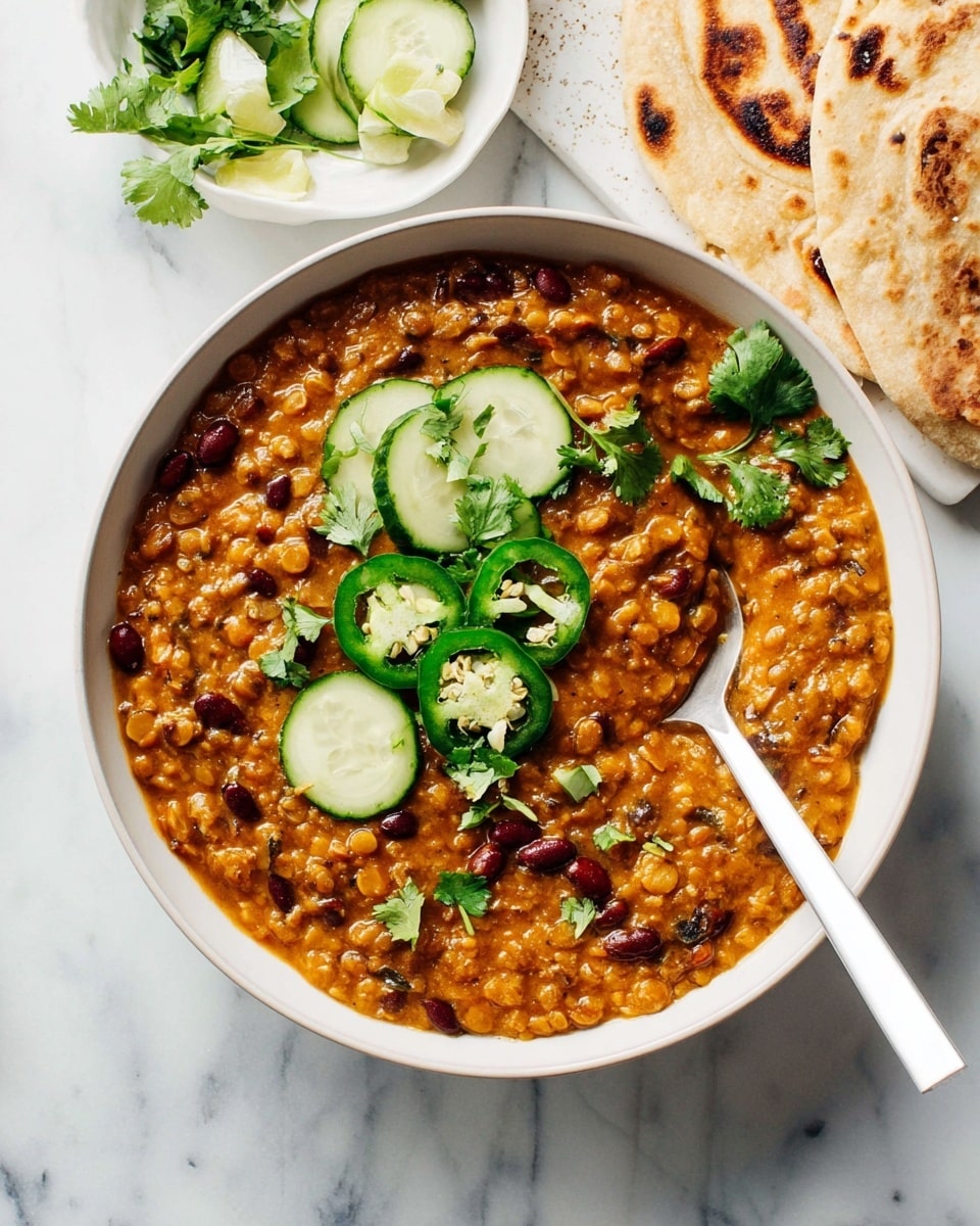 A white bowl filled with a thick, orange-brown lentil stew mixed with dark red beans, topped with several slices of fresh green cucumber and jalapeño peppers, and small sprigs of green cilantro, with a white spoon resting inside the bowl, all placed on a white marbled surface; near the bowl is a small white dish holding more cucumber and jalapeño slices with cilantro, and two round, slightly toasted flatbreads sit behind the bowl. Photo taken with an iphone --ar 4:5 --v 7