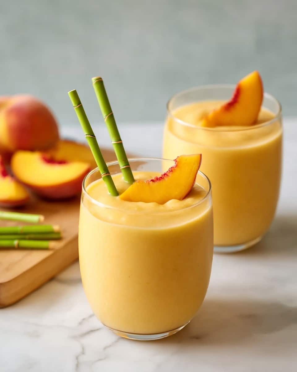 Two clear round glasses filled with thick yellow-orange smoothie placed on a white marbled surface. Each glass has two thin slices of peach floating on top, positioned at an angle, and a green bamboo striped straw standing upright in the smoothie. In the background, there is a light wooden board with more green bamboo striped straws and peach wedges resting on it. The light is soft, making the smoothie look creamy and fresh, photo taken with an iphone --ar 4:5 --v 7