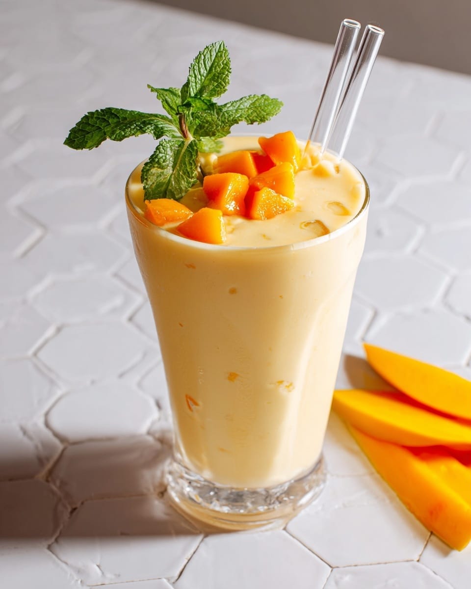 A tall clear glass filled with a thick, creamy pale yellow mango smoothie that reaches near the top and slightly overflows a little on one side, showing smooth texture with tiny bits inside. On top, there are several bright orange mango cube pieces along with ice cubes that shine under the light, arranged near the front edge of the glass. A green mint sprig stands upright beside two transparent straws inserted into the drink. The glass sits on a white marbled surface with some thin white hexagonal tile patterns visible, and to the right, a few slices of fresh mango lie flat on the surface catching light reflections. Photo taken with an iphone --ar 4:5 --v 7