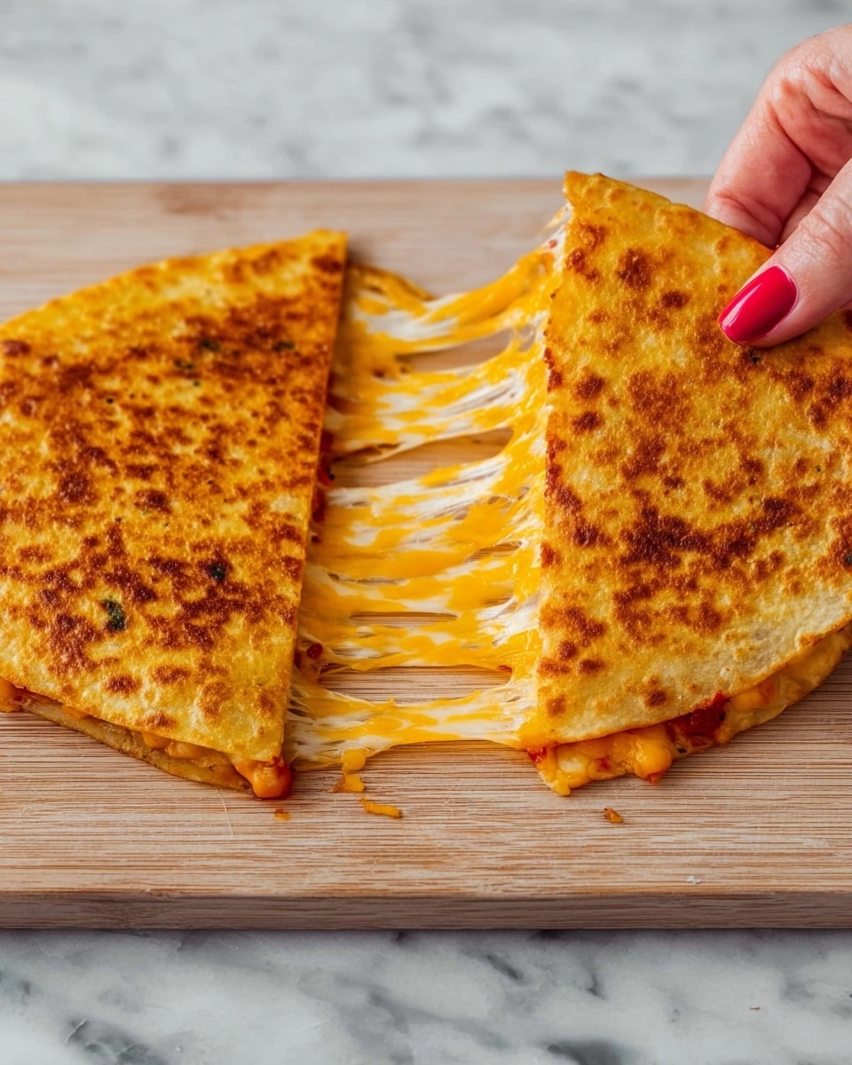 The image shows a golden-brown folded quesadilla with a crispy outside. It is pulled apart in the middle, revealing bright orange melted cheese stretching between the two halves. The quesadilla's surface has small dark brown spots, showing the cooked texture. A woman's hand with red nail polish holds one half on the right side. The quesadilla rests on a light wooden board, placed on a white marbled surface. photo taken with an iphone --ar 4:5 --v 7
