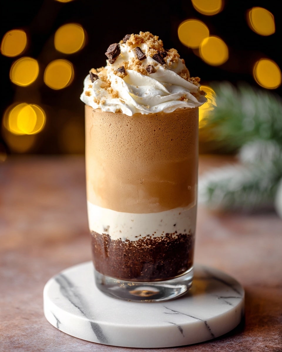 A clear glass shows a three-layered drink standing on a round white marble coaster against a white marbled surface. The bottom layer is dark brown chocolate sauce, thick and rich, topped by a creamy white layer with small bits and soft texture. Above this is a tall layer of light brown coffee or mousse, smooth and slightly frothy. Whipped cream swirls high on top, with small crushed cookie pieces scattered over the cream. The background is dark with blurred circles of yellow light, adding warmth to the image. Photo taken with an iphone --ar 4:5 --v 7