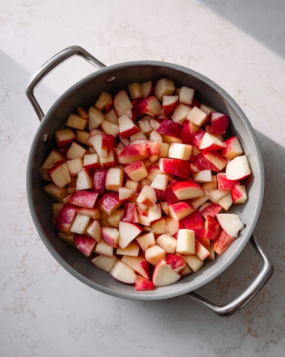 A pan filled with one layer of small chunks of red apple with the skin on, showing a mix of red and white colors. The apple pieces are uneven in size and spread across the bottom of the pan. The pan has a grey inner surface and two slim metal handles, placed on a white marbled surface. Soft light falls from the top left, casting gentle shadows. photo taken with an iphone --ar 4:5 --v 7