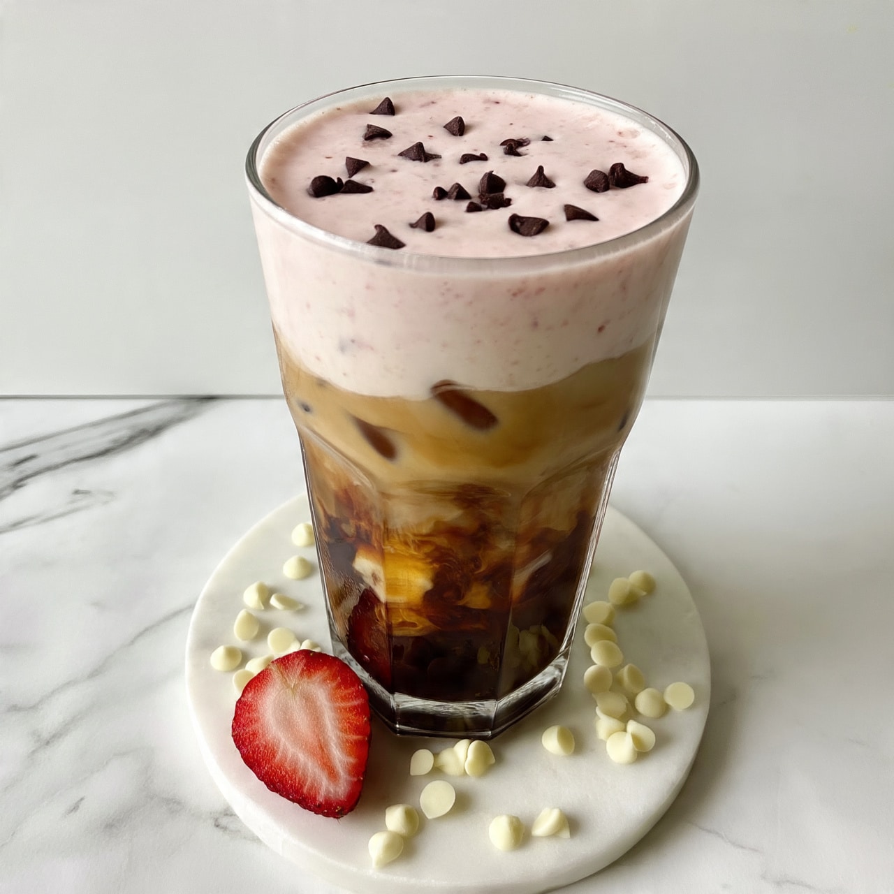 A tall clear glass shows two main layers: the bottom and middle layer is dark brown iced coffee with visible ice cubes, and the top layer is light pink creamy foam with small dark chocolate chips scattered on it evenly. The glass sits on a round white marble tray, surrounded by white chocolate chips and a half strawberry on the white marbled surface. The photo taken with an iphone --ar 4:5 --v 7