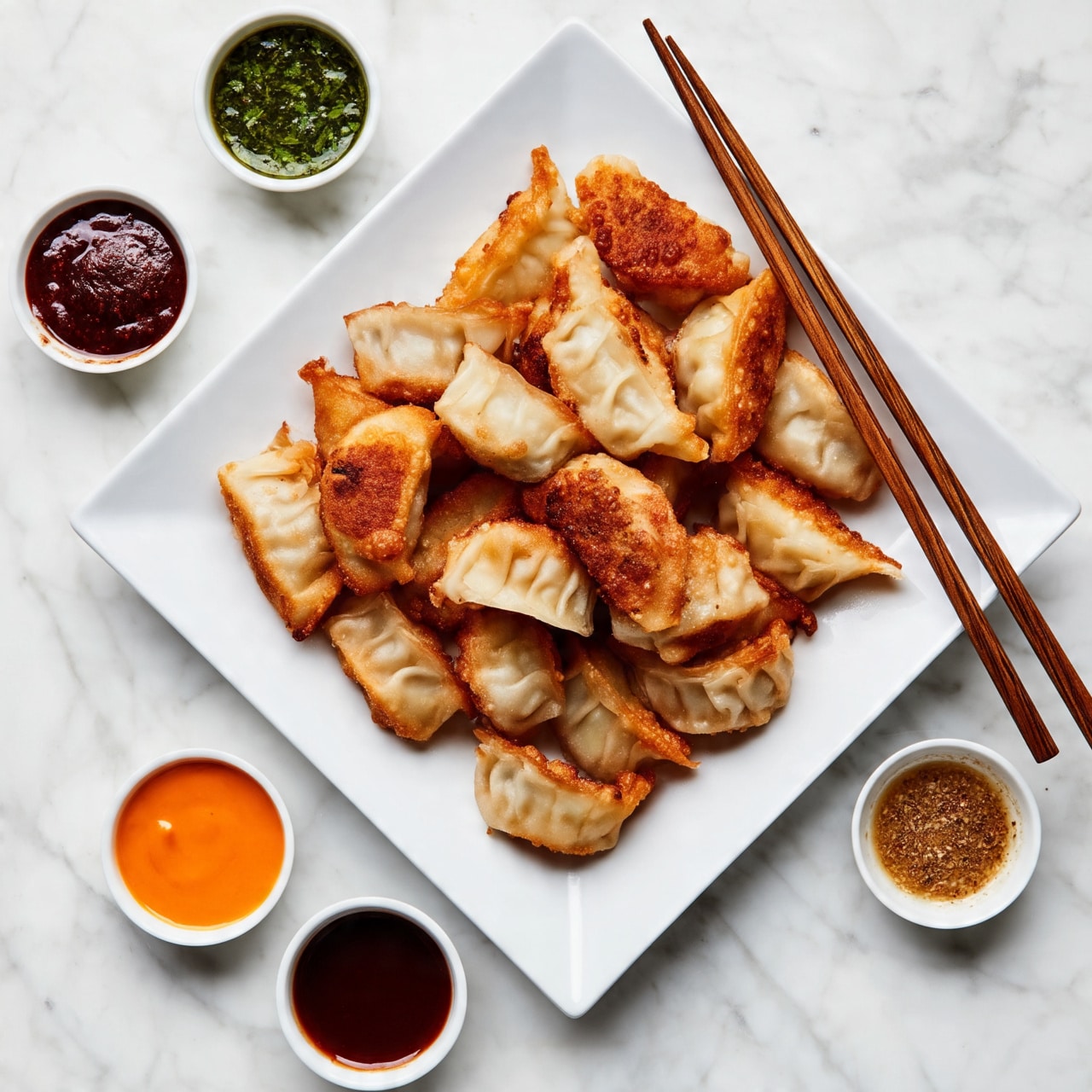 The image shows a white square plate filled with many small, golden-brown fried dumplings, some with crispy edges and some soft. The dumplings are piled up in the center of the plate. To the right side of the plate, a pair of wooden chopsticks rests on the plate’s edge. Surrounding the plate are five small white bowls, each filled with different sauces and dips in colors of dark red, green with herbs, bright orange, dark brown, and a mix of light brown with visible spices. The whole scene is set on a white marbled surface. Photo taken with an iphone --ar 4:5 --v 7