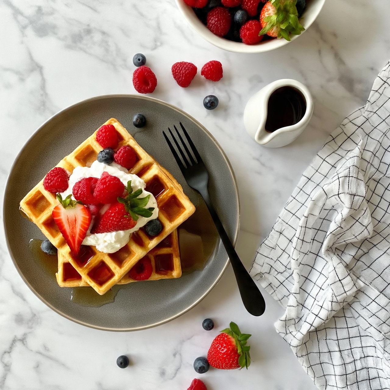 A stack of three golden brown waffles sits on a gray plate over a white marbled surface. The top waffle is drizzled with dark syrup filling the waffle holes and dripping down the sides. On the center of the top waffle is a dollop of white whipped cream, topped with fresh red raspberries, blue blueberries, and a sliced strawberry with a green leaf. In the background, a white bowl full of strawberries, raspberries, and blueberries sits out of focus, along with a small white pitcher. Photo taken with an iphone --ar 4:5 --v 7