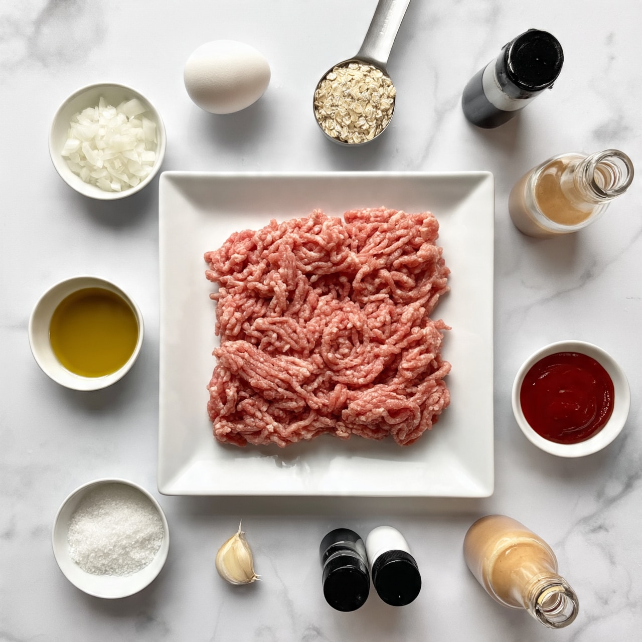 The image shows a white square plate in the center filled with light pink raw ground meat, placed on a white marbled surface. Surrounding the plate are small round white bowls containing white finely-chopped onions, golden yellow oil, red thick sauce, and white grainy salt. There is also a whole egg, a peeled clove of garlic, two small black and white spice bottles, and a glass bottle of light brown sauce arranged around the plate. A metal measuring spoon filled with rolled oats is near the top. The scene is bright and clean, all items neatly placed for a cooking setup. photo taken with an iphone --ar 4:5 --v 7