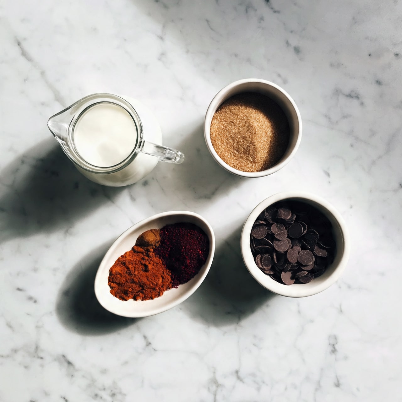 A top view of four white containers placed on a white marbled surface: a glass pitcher filled with milk at the top left, a small round bowl with light brown sugar at the top right, a small round bowl filled with dark chocolate discs at the bottom right, and an oval dish at the bottom left holding separated piles of reddish-brown cinnamon, dark red chili powder, and a small brown spice. The arrangement is spacious with natural light creating soft shadows. photo taken with an iphone --ar 4:5 --v 7