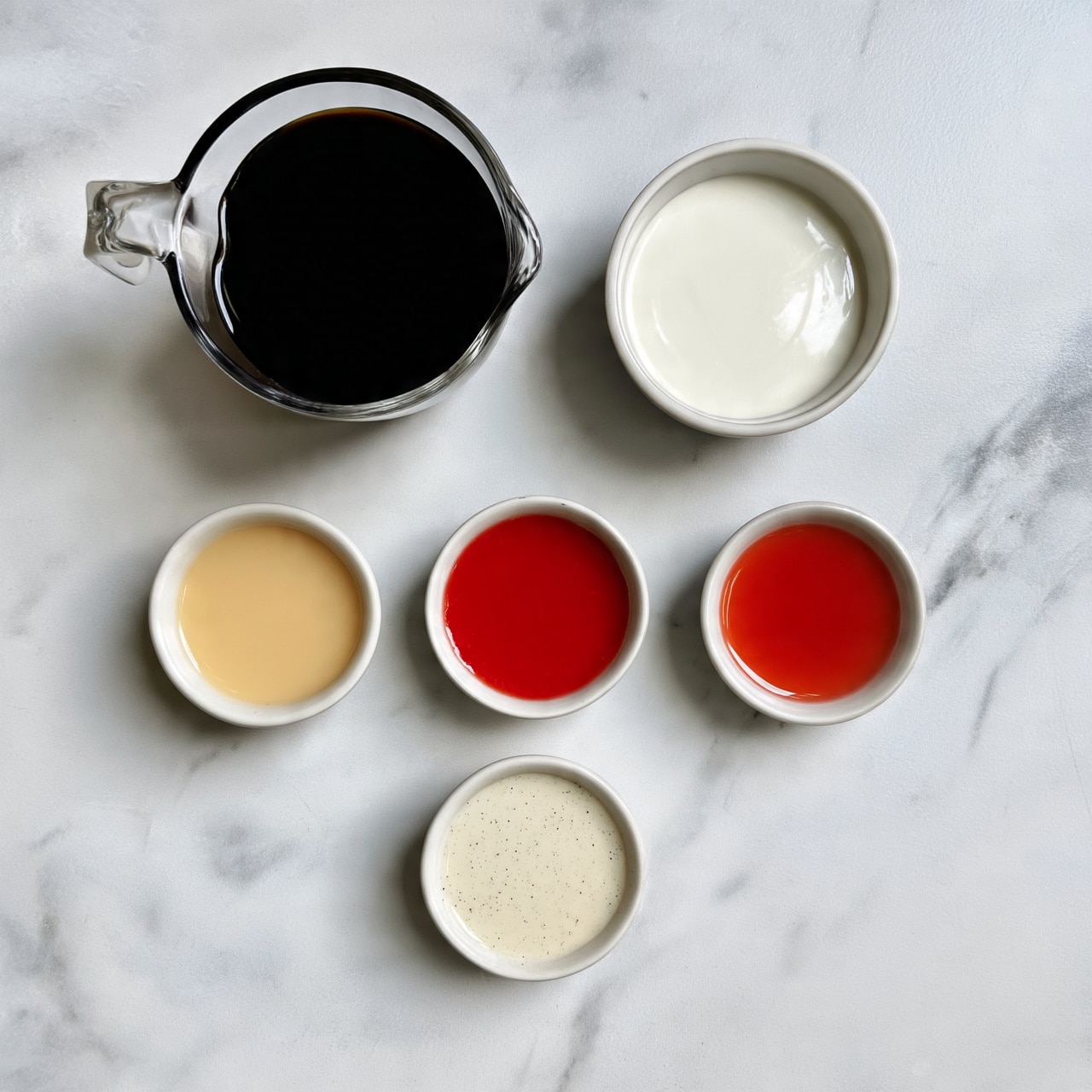 A clear glass measuring cup filled with a dark black liquid is placed at the top left of the image on a white marbled surface. To the right of it, there is a small white bowl filled with a smooth white liquid. Below these two containers, from left to right, are three more small white bowls: the first contains a light beige-yellow liquid, the next has a bright red sauce, and the last at the bottom center contains a creamy off-white liquid with small black specks. All items are neatly arranged with equal spacing, shot from above in natural light. photo taken with an iphone --ar 4:5 --v 7