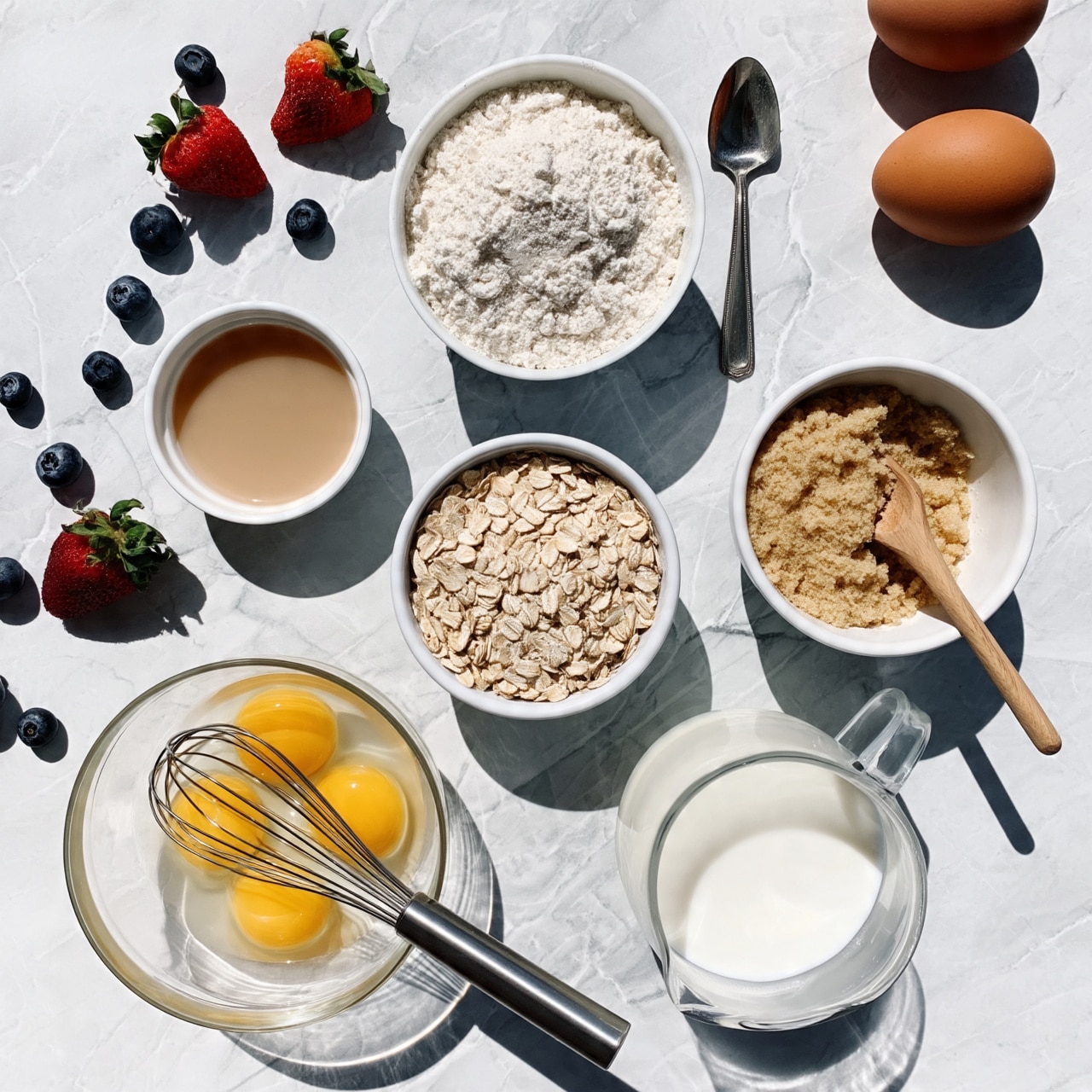 The image shows a white marbled surface with various baking ingredients arranged neatly. In the center, there is a small white bowl filled with light beige oats. To the right of the oats, a white bowl contains a light beige powder, likely brown sugar, with a wooden spoon resting inside. Above the oats, a white bowl holds white flour with a silver spoon next to it. To the left, there is a small white bowl of light brown liquid, possibly honey or syrup. Scattered around are fresh blueberries and strawberries. Near the bottom left corner, a transparent bowl contains four raw yellow egg yolks with a silver whisk resting inside. Next to it, a glass pitcher filled with white milk is visible. In the upper right corner, two brown eggs sit on the white marbled surface. The bright natural light highlights the textures of the ingredients. Photo taken with an iphone --ar 4:5 --v 7