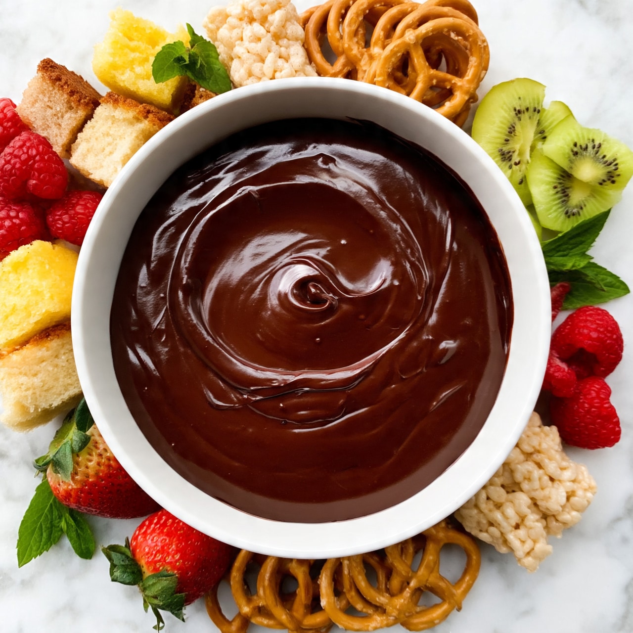 The image shows a white bowl filled with smooth, dark chocolate dip that has a shiny, creamy texture with gentle swirls on top. Around the bowl, there are small square pieces of yellow and light brown sponge cake with a soft, airy texture, bright red raspberries with a bumpy surface, fresh strawberries with green leafy tops, round golden-brown pretzels, beige rice crispy treats, sliced green kiwis with visible seeds, and green mint leaves scattered, all placed on a white marbled surface. photo taken with an iphone --ar 4:5 --v 7